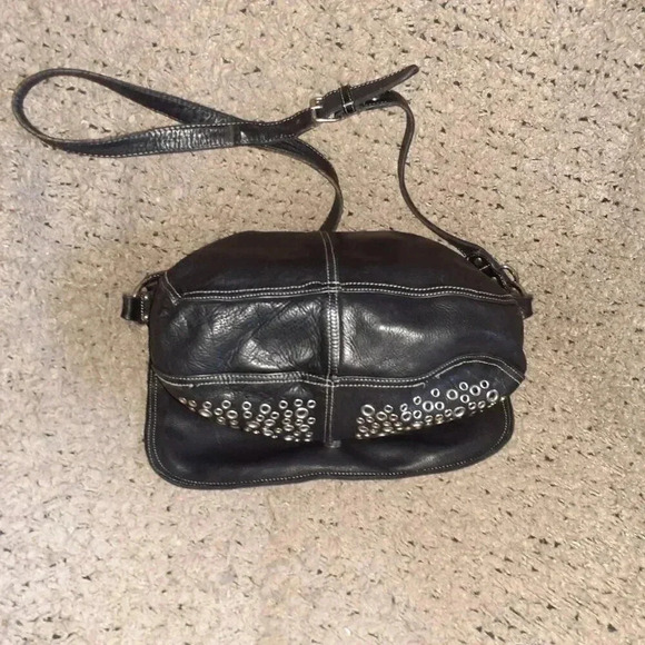 GIANNI CHIARINI-Black Leather Fold Over-Grommets/Studs-XBody/Shoulder-Excellent - Picture 5 of 8